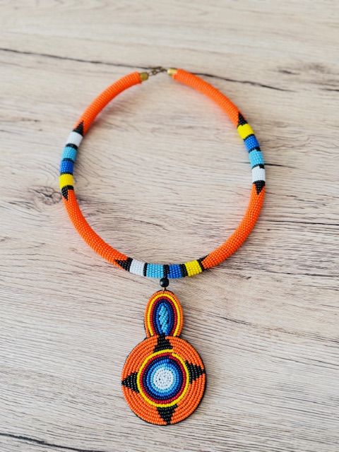 Handcrafted Maasai Beaded Medallion Necklace-Orange - Image 2
