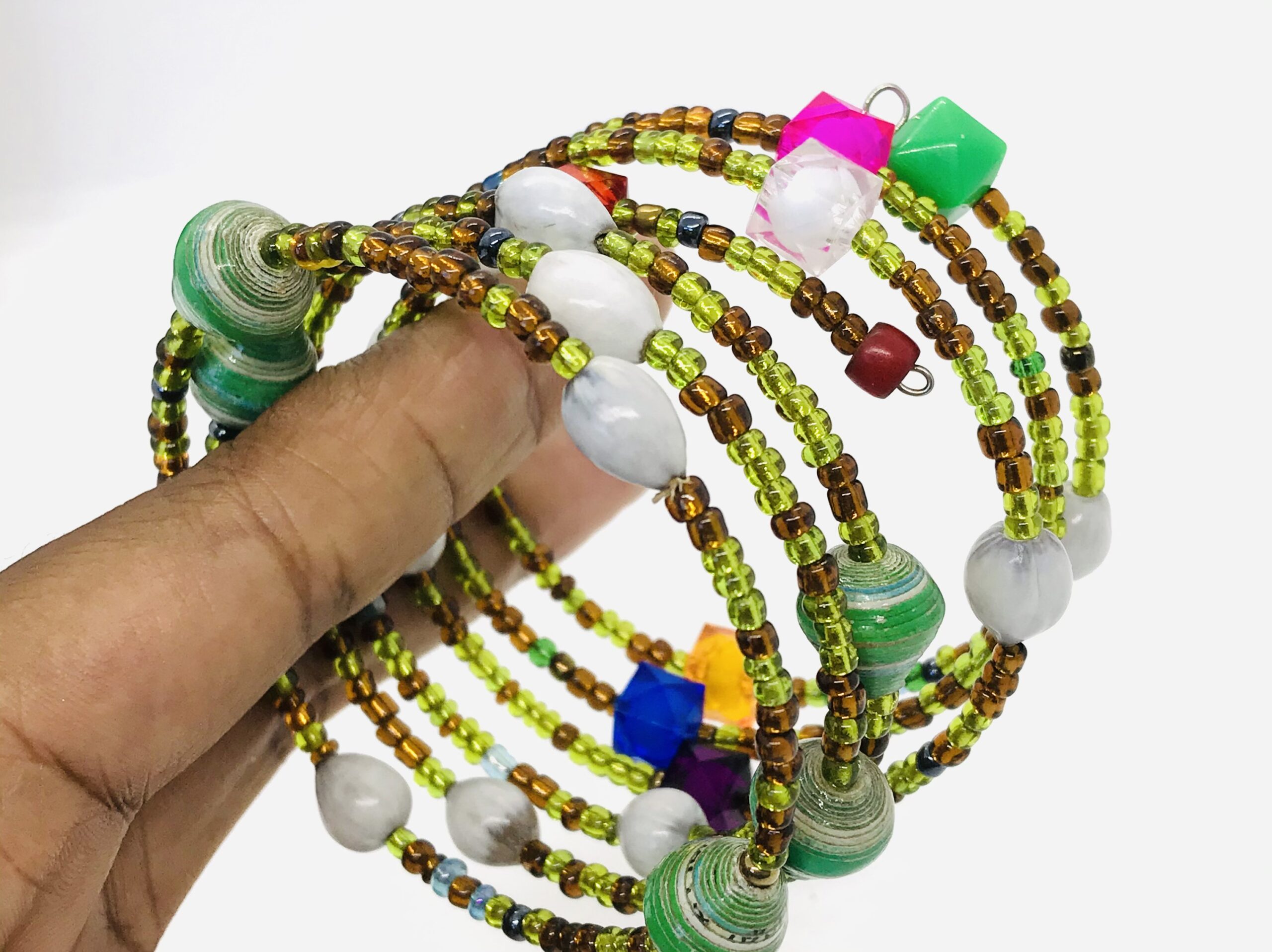 Maasai Coil Spiral Bead Bracelet Set of 2- Green/White - Image 3
