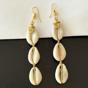 Africa Drop Cowrie Shell Wire Wrap Earrings- White