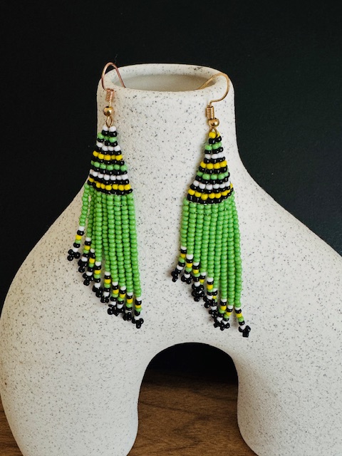 Maasai Beaded Fringe Dangle Earrings- Green black white - Image 2