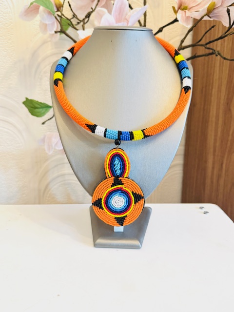 Handcrafted Maasai Beaded Medallion Necklace-Orange - Image 3