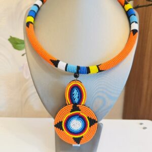 Handcrafted Maasai Beaded Medallion Necklace-Orange