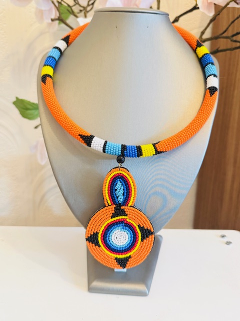 Handcrafted Maasai Beaded Medallion Necklace-Orange