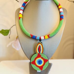 Handcrafted Maasai Beaded Medallion Necklace-Green